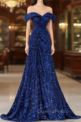 Blue Sequins Off the Shoulder Evening Prom Dress