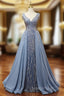 Blue Sequins V-neck Beading Evening Prom Dress