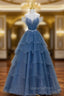 Blue Shiny Tulle Long Beaded A-line Evening Prom Dress, Blue Floor Length Party Dress