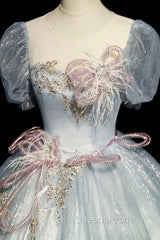 Blue Shiny Tulle Long Evening Prom Dress with Sequins, A-Line Short Sleeve Party Dress