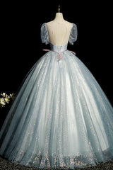 Blue Shiny Tulle Long Evening Prom Dress with Sequins, A-Line Short Sleeve Party Dress