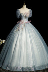 Blue Shiny Tulle Long Evening Prom Dress with Sequins, A-Line Short Sleeve Party Dress