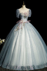 Blue Shiny Tulle Long Evening Prom Dress with Sequins, A-Line Short Sleeve Party Dress