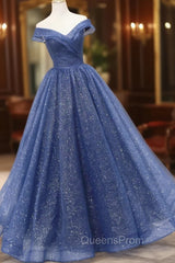 Blue Shiny Tulle Off the Shoulder Evening Prom Dress, Blue V-Neck Evening Dress