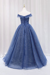 Blue Shiny Tulle Off the Shoulder Evening Prom Dress, Blue V-Neck Evening Dress