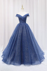 Blue Shiny Tulle Off the Shoulder Evening Prom Dress, Blue V-Neck Evening Dress