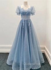 Blue Shiny Tulle Short Sleeves Long Evening Dress, Blue A-line Evening Prom Dress