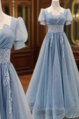 Blue Shiny Tulle Short Sleeves Long Evening Dress, Blue A-line Evening Prom Dress