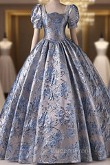 Blue Short Sleee Print Pearls Quinceanera Dress