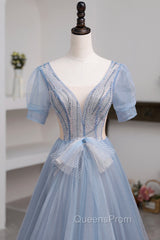 Blue Short Sleeve Tulle Floor Length Evening Prom Dress with Beaded, Blue A-Line Evening Dress