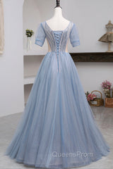 Blue Short Sleeve Tulle Floor Length Evening Prom Dress with Beaded, Blue A-Line Evening Dress