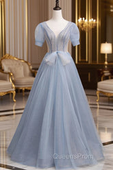 Blue Short Sleeve Tulle Floor Length Evening Prom Dress with Beaded