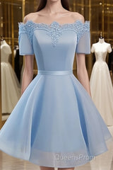 Blue Short Sleeves Lace-up Organza Bow Evening Prom Dress, Homecoming Dress