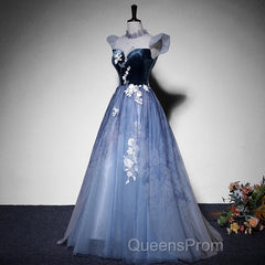 Blue Short Sleeves Tulle With Lace Long Party Dress, Blue Formal Gowns