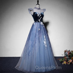 Blue Short Sleeves Tulle With Lace Long Party Dress, Blue Formal Gowns