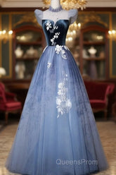 Blue Short Sleeves Tulle With Lace Long Party Dress, Blue Formal Gowns