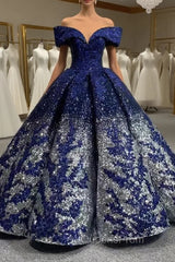 Blue Silver Ball Gown Sequins Appliques Evening Prom Dress