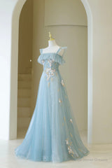 Blue Spaghetti Strap Lace Long Prom Dress, Cute A-Line Graduation Dress