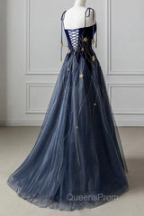 Blue Spaghetti Strap Long Evening Prom Dress with Star, Blue Evening Party Dress