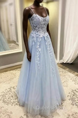 Blue Spaghetti Strap Tulle Appliques Evening Prom Dress