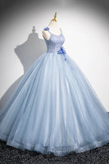 Blue Spaghetti Strap Tulle Floor Length Evening Prom Dress, Pretty A-Line Evening Party Dress