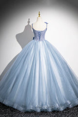 Blue Spaghetti Strap Tulle Floor Length Evening Prom Dress, Pretty A-Line Evening Party Dress