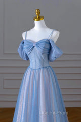 Blue Spaghetti Strap Tulle Long Evening Prom Dress, Beautiful A-Line Evening Dress