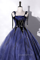 Blue Spaghetti Strap Tulle Long Evening Prom Dress with Star, Blue Evening Party Dress