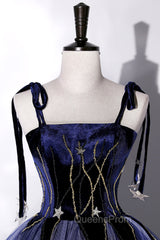 Blue Spaghetti Strap Tulle Long Evening Prom Dress with Star, Blue Evening Party Dress