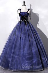 Blue Spaghetti Strap Tulle Long Evening Prom Dress with Star, Blue Evening Party Dress
