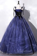 Blue Spaghetti Strap Tulle Long Evening Prom Dress with Star, Blue Evening Party Dress