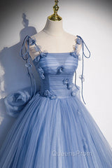 Blue Spaghetti Strap Tulle with Flowers Long Evening Dress, Blue Party Dress with Bow