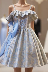 Blue Spaghetti Straps Bow Homecoming Dress