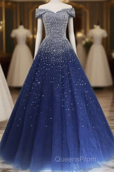 Blue Sparkle Off Shoulder Ball Party Dress Handmade Beaded Party Dress Elegant Evening Prom Dress Evening Dress