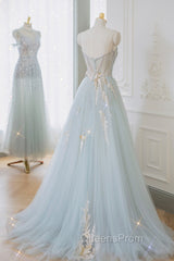 Blue Strapless Lace Evening Prom Dress, A-Line Tulle Evening Party Dress