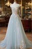 Blue Strapless Lace Evening Prom Dress, A-Line Tulle Evening Party Dress