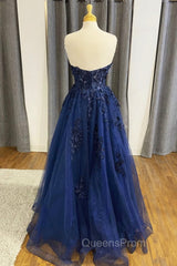 Blue Strapless Lace Long Evening Prom Dress, A-Line Evening Dress Party Dress