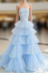 Blue Strapless Tulle Layers Long Evening Prom Dress, A-Line Evening Dress