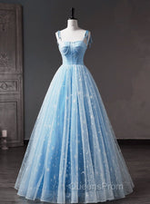 Blue Straps Tulle Floral Long Evening Prom Dress, Blue Evening Dress Party Dress