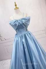 Blue Sweet A-Line Spaghetti Strap Satin Long Evening Prom Dress Evening Party Dress