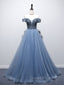 Blue Sweetheart Neck Beads Long Evening Prom Dress, Blue Tulle Evening Dress With Beading Sequin
