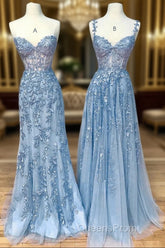 Blue Sweetheart Neck Lace Long Evening Prom Dress, Blue A-line Lace Graduation Dress