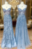 Blue Sweetheart Neck Lace Long Evening Prom Dress, Blue Lace Graduation Dress