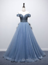 Blue Sweetheart Neck Tulle Beads Off Shoulder Long Evening Prom Dress