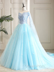 Blue Sweetheart Neck Tulle Lace Long Evening Prom Dress, Blue Evening Dress