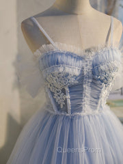Blue sweetheart neck tulle lace short Evening Prom Dress blue puffy homecoming Dress