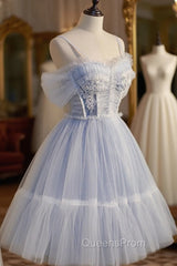 Blue sweetheart neck tulle lace short Evening Prom Dress blue puffy homecoming Dress