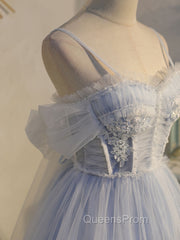 Blue sweetheart neck tulle lace short Evening Prom Dress blue puffy homecoming Dress