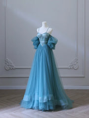 Blue Sweetheart Off Shoulder Long Party Dress, Blue Tulle Prom Dress