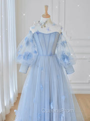 Blue Sweetheart Tulle 3D Flower Long Evening Prom Dress, Blue Evening Dress